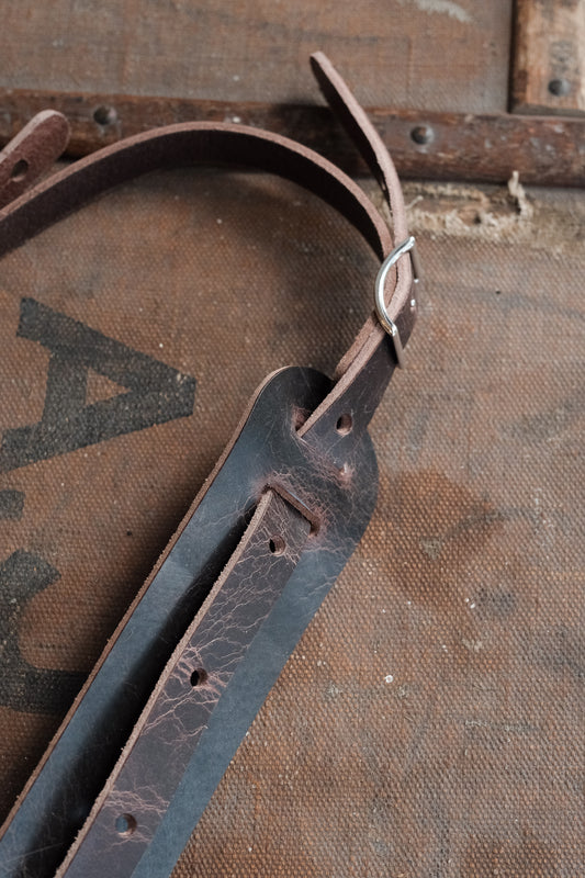Vintage Thin Leather Shoulder Pad Guitar Strap Roadworn Dark Brown - Handmade in the UK