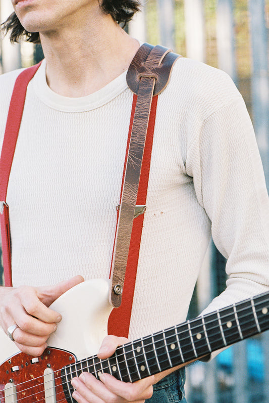 Vintage Thin Leather Shoulder Pad Guitar Strap Roadworn Brown - Handmade in the UK