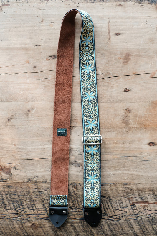 Vintage Blue Star 60s / 70s Hippie Guitar Strap -  Suede Backing - Handmade in the UK