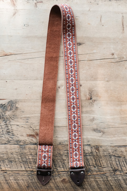 Red Vintage 60s / 70s Hippie Guitar Strap - Suede Backing - Handmade in the UK