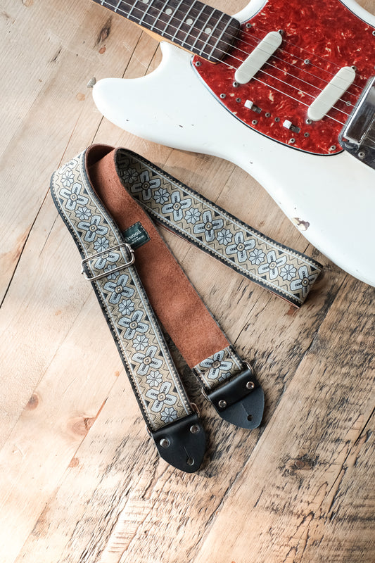 Vintage Gold 60s / 70s Hippie Guitar Strap -  Suede Backing - Handmade in the UK