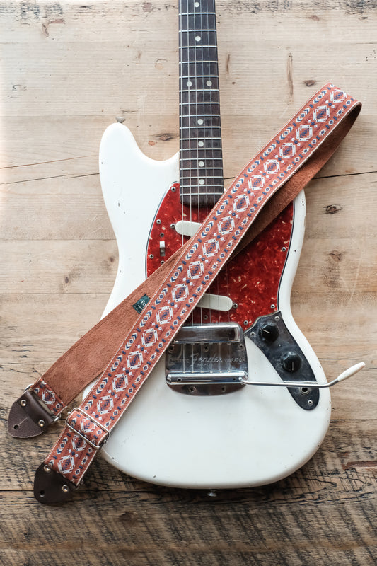 Red Vintage 60s / 70s Hippie Guitar Strap - Suede Backing - Handmade in the UK