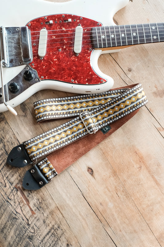 Vintage Diamond 60s / 70s Hippie Guitar Strap -  Suede Backing - Handmade in the UK