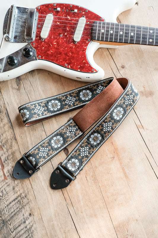 Vintage Floral 60s / 70s Hippie Guitar Strap - Suede Backing -  Handmade in the UK