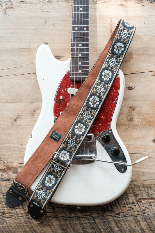 Vintage Floral 60s / 70s Hippie Guitar Strap - Suede Backing -  Handmade in the UK