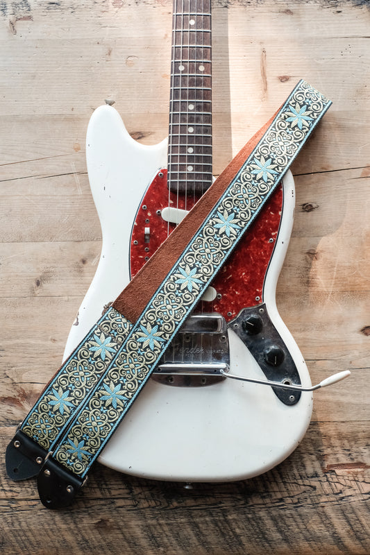 Vintage Blue Star 60s / 70s Hippie Guitar Strap -  Suede Backing - Handmade in the UK