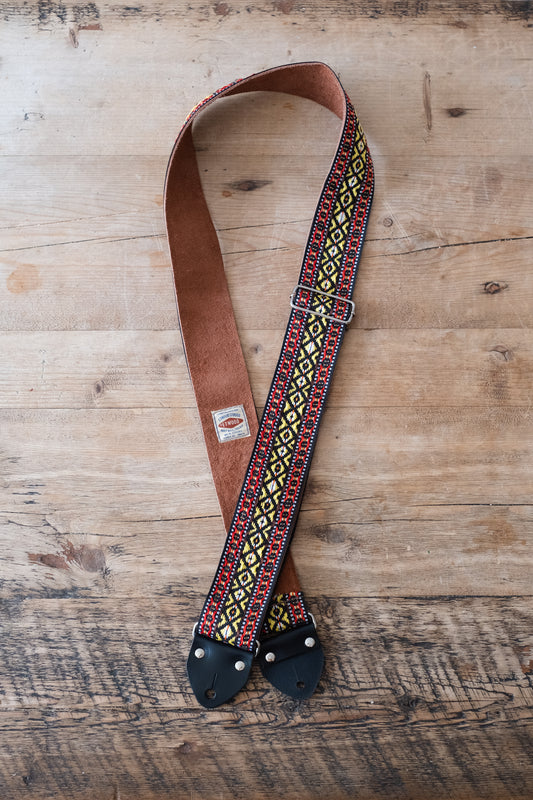 Red & Yellow Diamond Vintage 60s / 70s Hippie Guitar Strap - Suede Backing - Handmade in the UK
