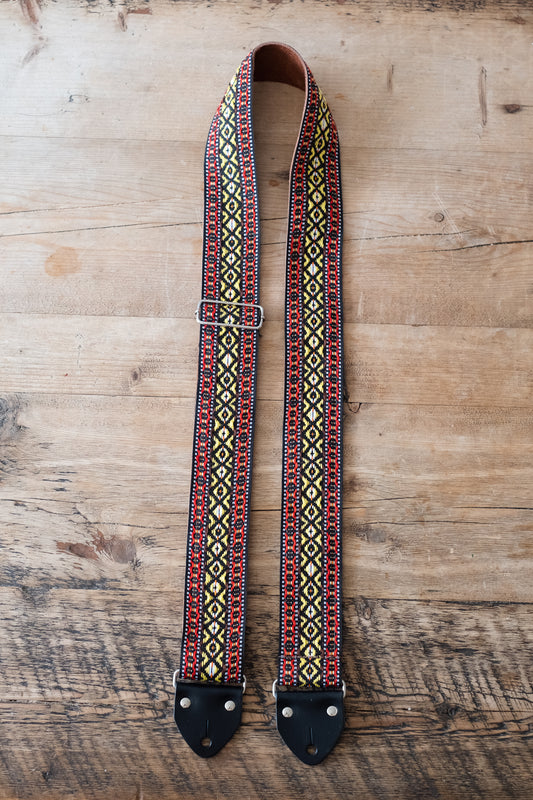Red & Yellow Diamond Vintage 60s / 70s Hippie Guitar Strap - Suede Backing - Handmade in the UK