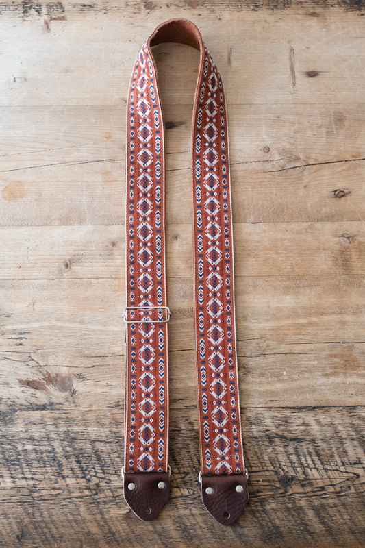Red Vintage 60s / 70s Hippie Guitar Strap - Suede Backing - Handmade in the UK