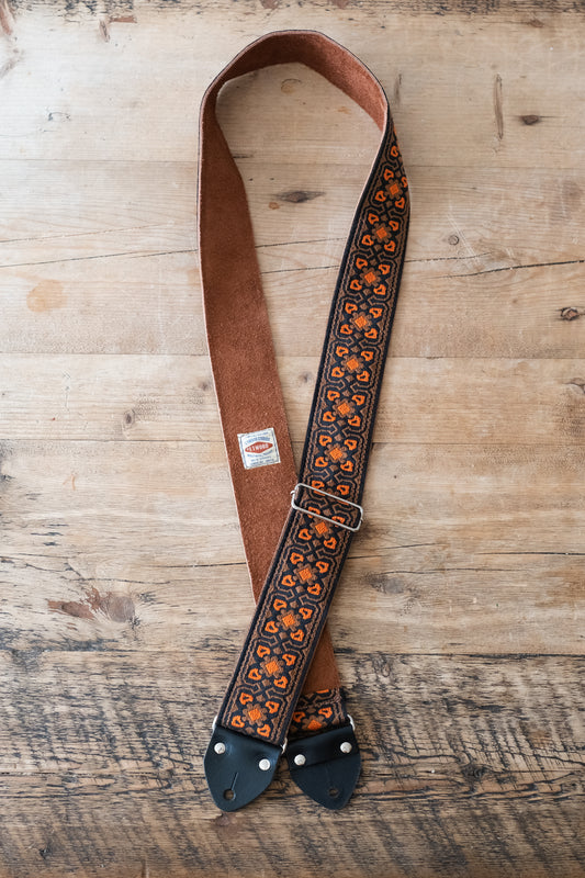 Brown & Orange Vintage 60s / 70s Hippie Guitar Strap - Suede Backing - Handmade in the UK