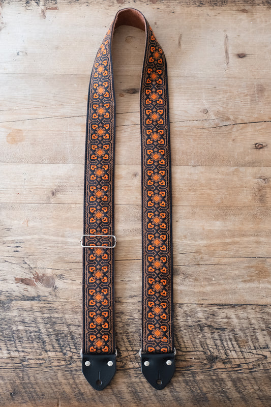 Brown & Orange Vintage 60s / 70s Hippie Guitar Strap - Suede Backing - Handmade in the UK