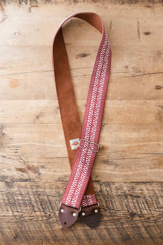 Red Ethnic 60s / 70s Hippie Guitar Strap - Suede Backing - Handmade in the UK