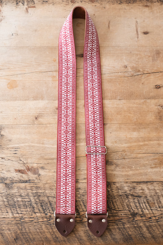 Red Ethnic 60s / 70s Hippie Guitar Strap - Suede Backing - Handmade in the UK