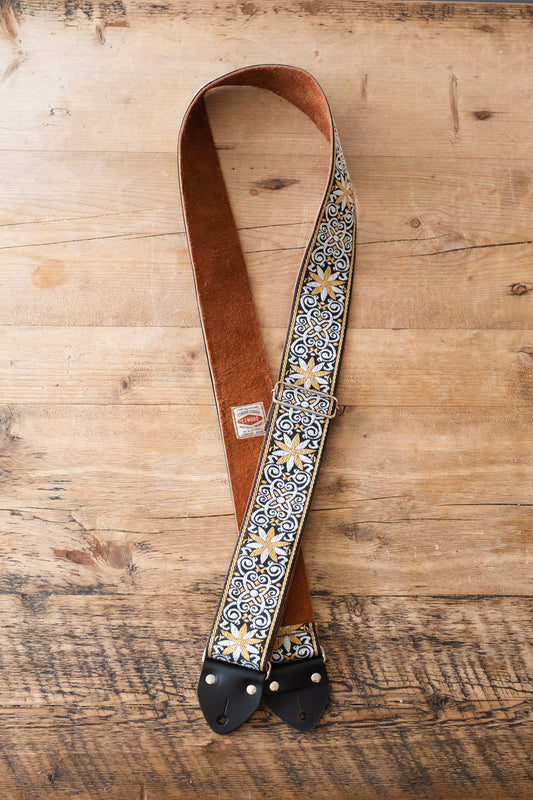White & Gold Vintage 60s / 70s Hippie Guitar Strap - Suede Backing - Handmade in the UK