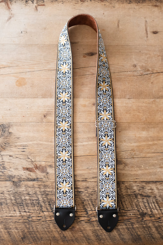 White & Gold Vintage 60s / 70s Hippie Guitar Strap - Suede Backing - Handmade in the UK