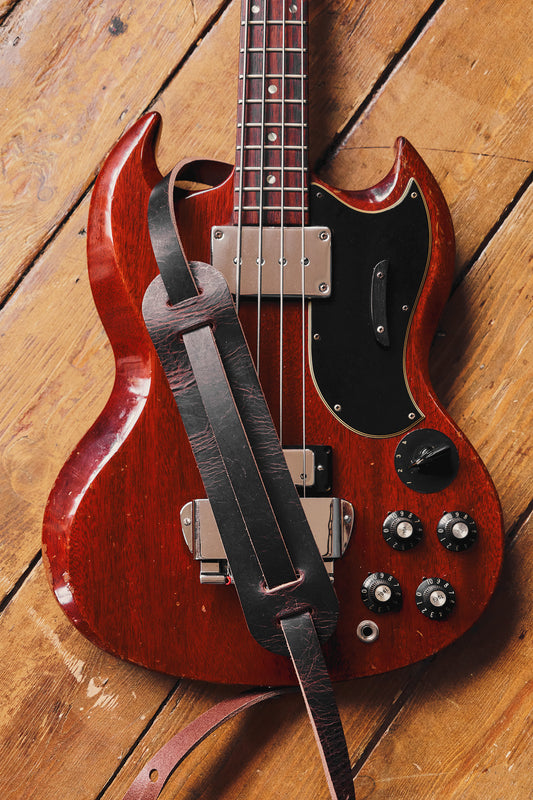Vintage Thin Leather Shoulder Pad Guitar Strap Roadworn Dark Brown - Handmade in the UK